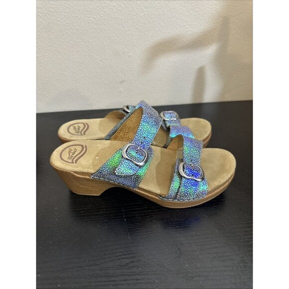 Dansko Comfort Wedge Slide Clogs Womens 40 US9.5 Blue Iridescent Leather Sandals - Picture 1 of 10